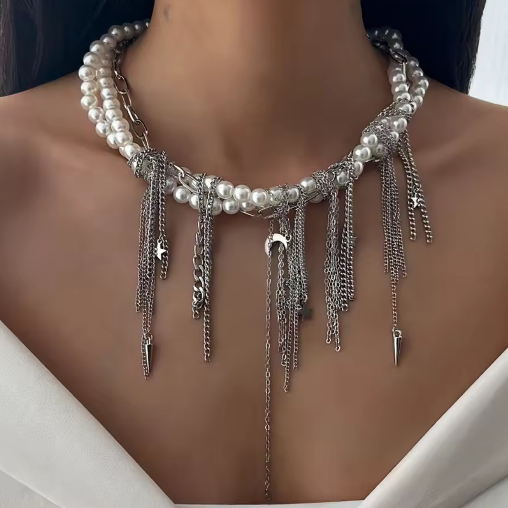 Pearl Silver Chain Statement Necklacelayered Chun… - image 2